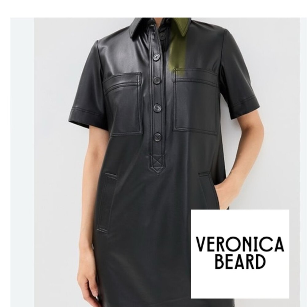 Gorg Veronica Beard Koulis Mini Shirt Dress Blk Vegan Lether sz 12 Perf 4 Spring
